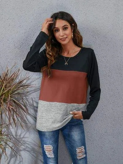 Color Block Round Neck Long Sleeve T-Shirt Brick Red Women's T-Shirts - Tophatter Daily Deals